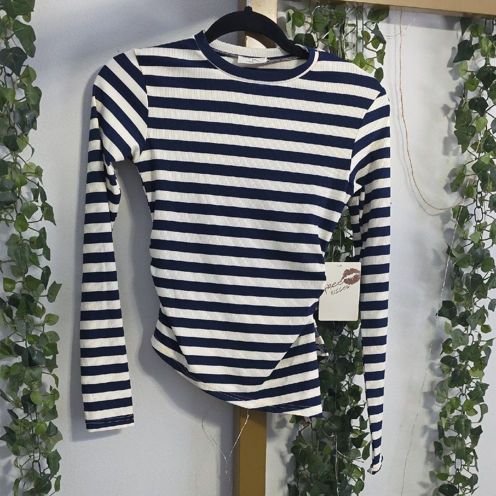 Free Kisses Striped Long Sleeve Tee in Navy and White